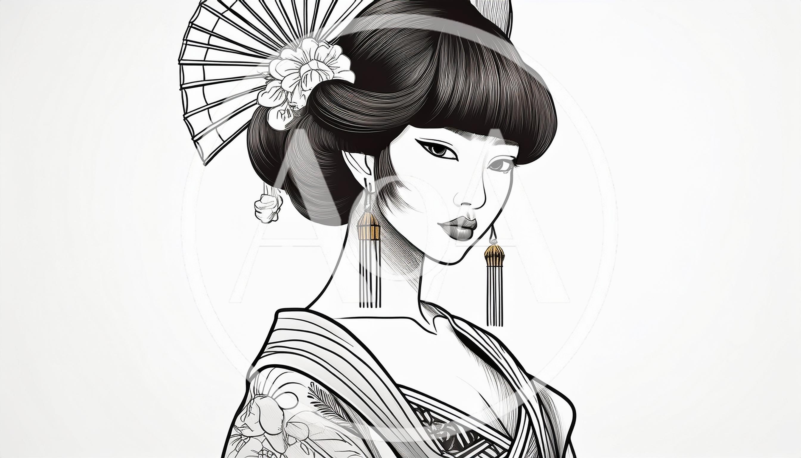 Elegant Geisha Illustration With Traditional Fan And Earrings