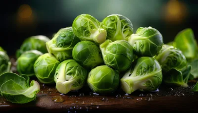 Fresh Green Brussels Sprouts on Wooden Surface