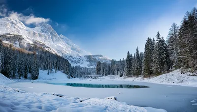 Frozen Alpine Lake With Snow Covered Mountains