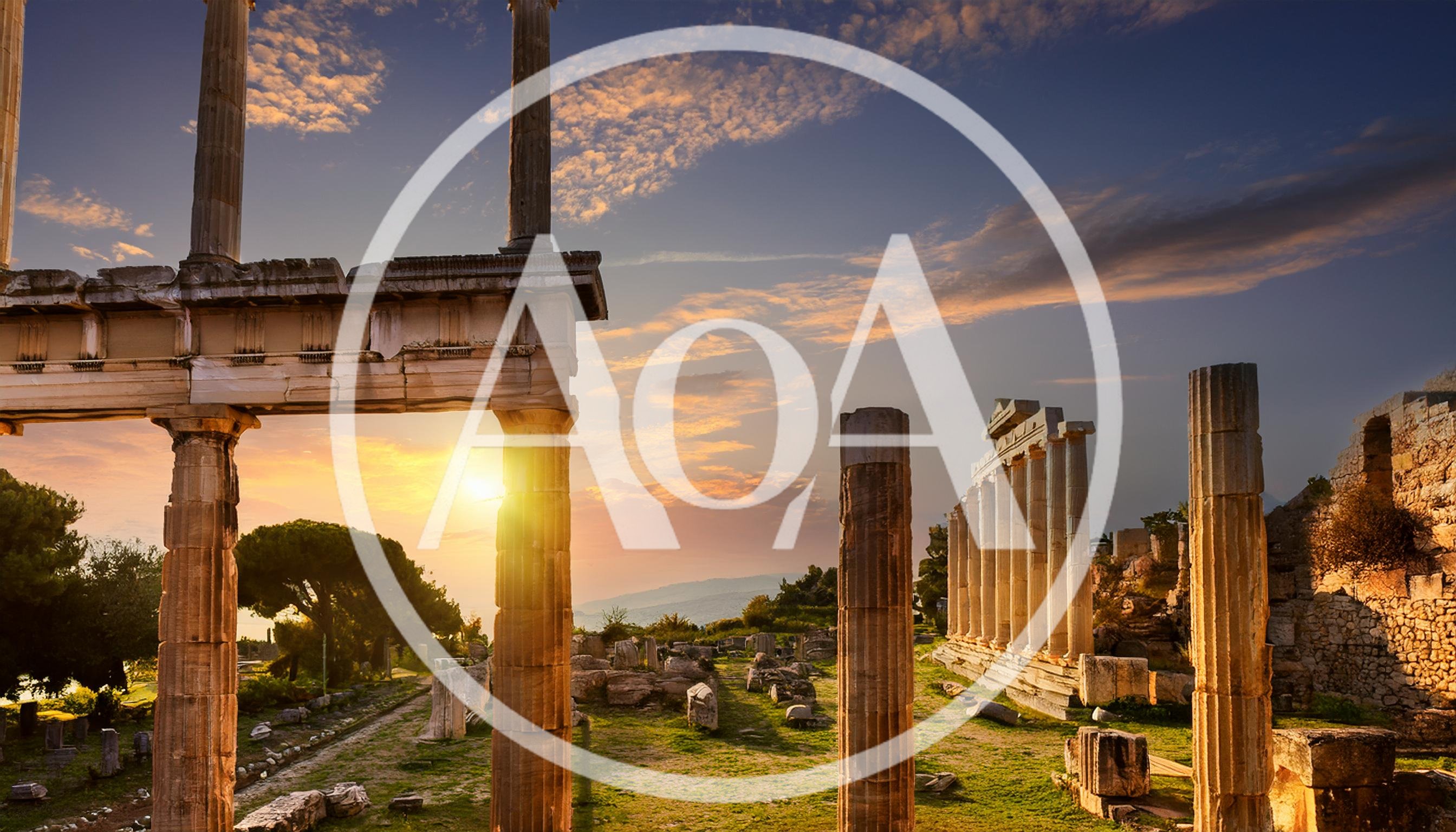 Ancient Greek Temple Ruins At Sunset In Delphi