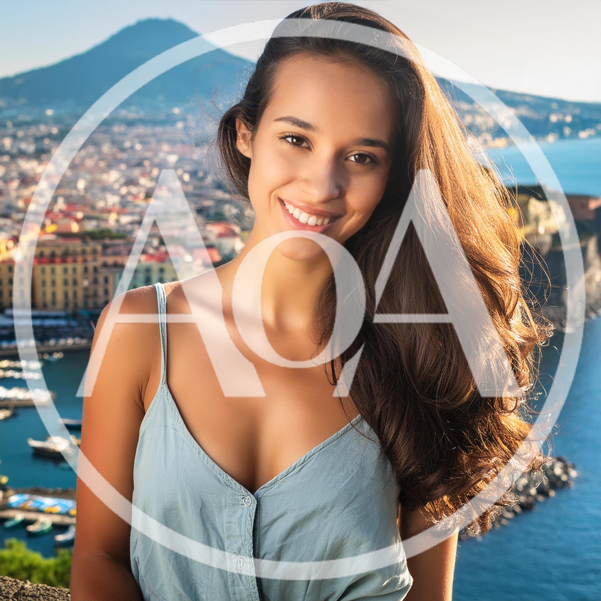 Young Woman Smiling Overlooking Naples Bay and Mount Vesuvius