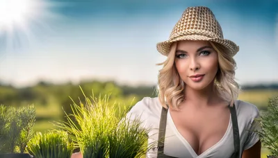 Beautiful Woman Holding Potted Plants In Sunny Garden