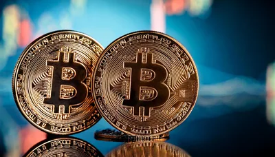 Two Physical Bitcoin Coins Against Digital Trading Chart