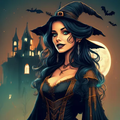 Beautiful Witch Standing Before A Haunted Castle