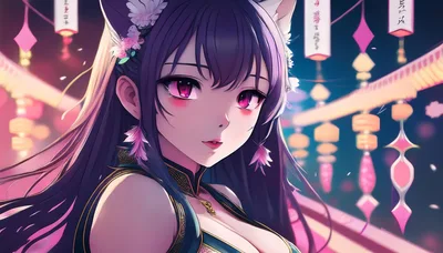 Anime Style Girl With Cat Ears At Night Festival
