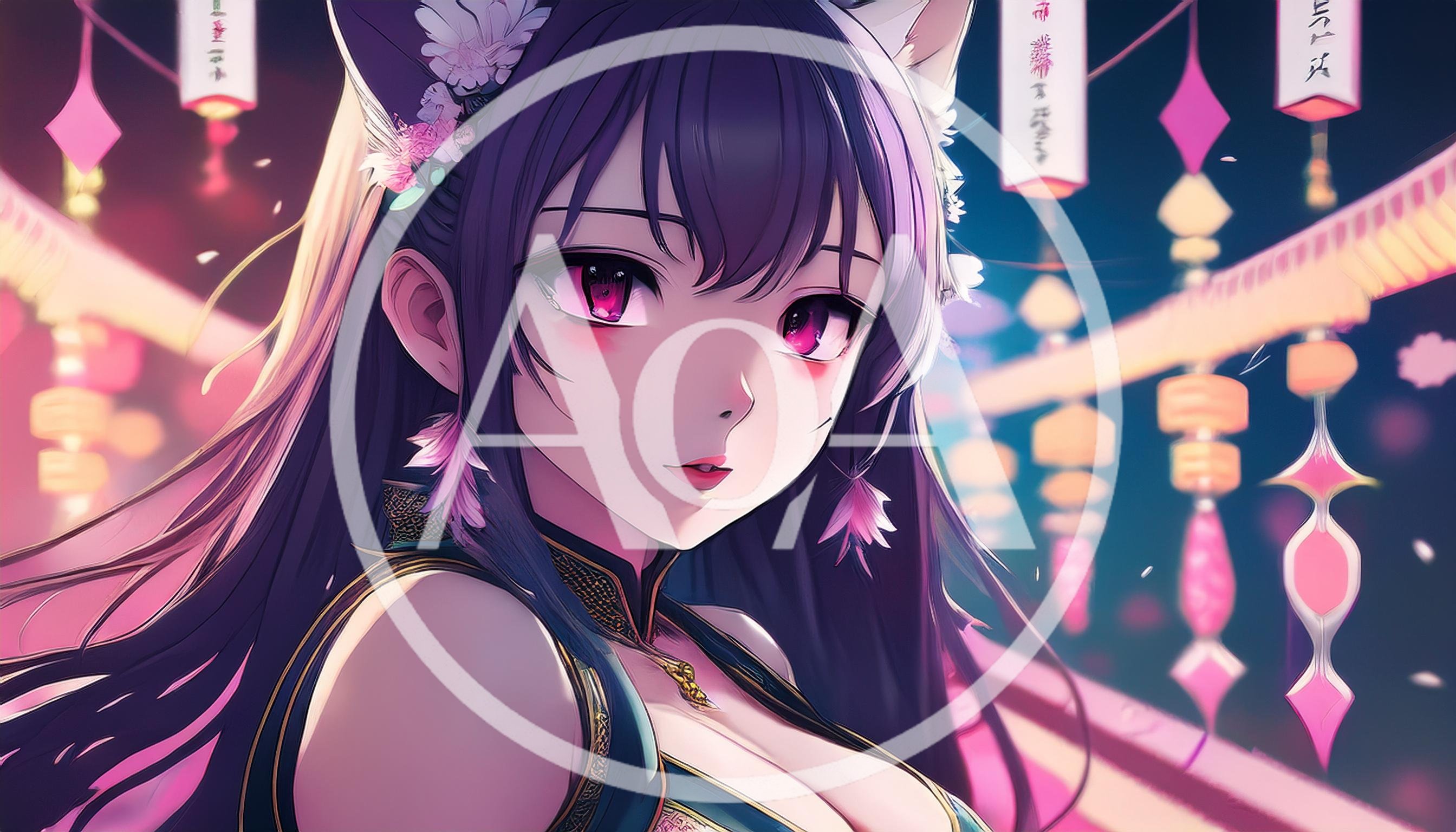 Anime Style Girl With Cat Ears At Night Festival