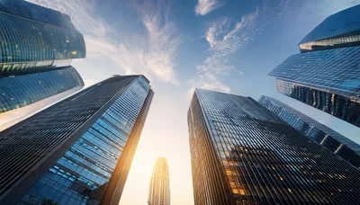 Low Angle View Of Modern Glass Skyscrapers