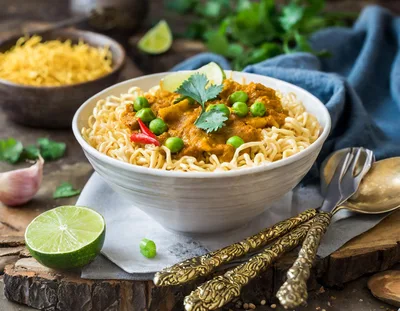 Bowl Of Instant Noodles With Curry And Peas