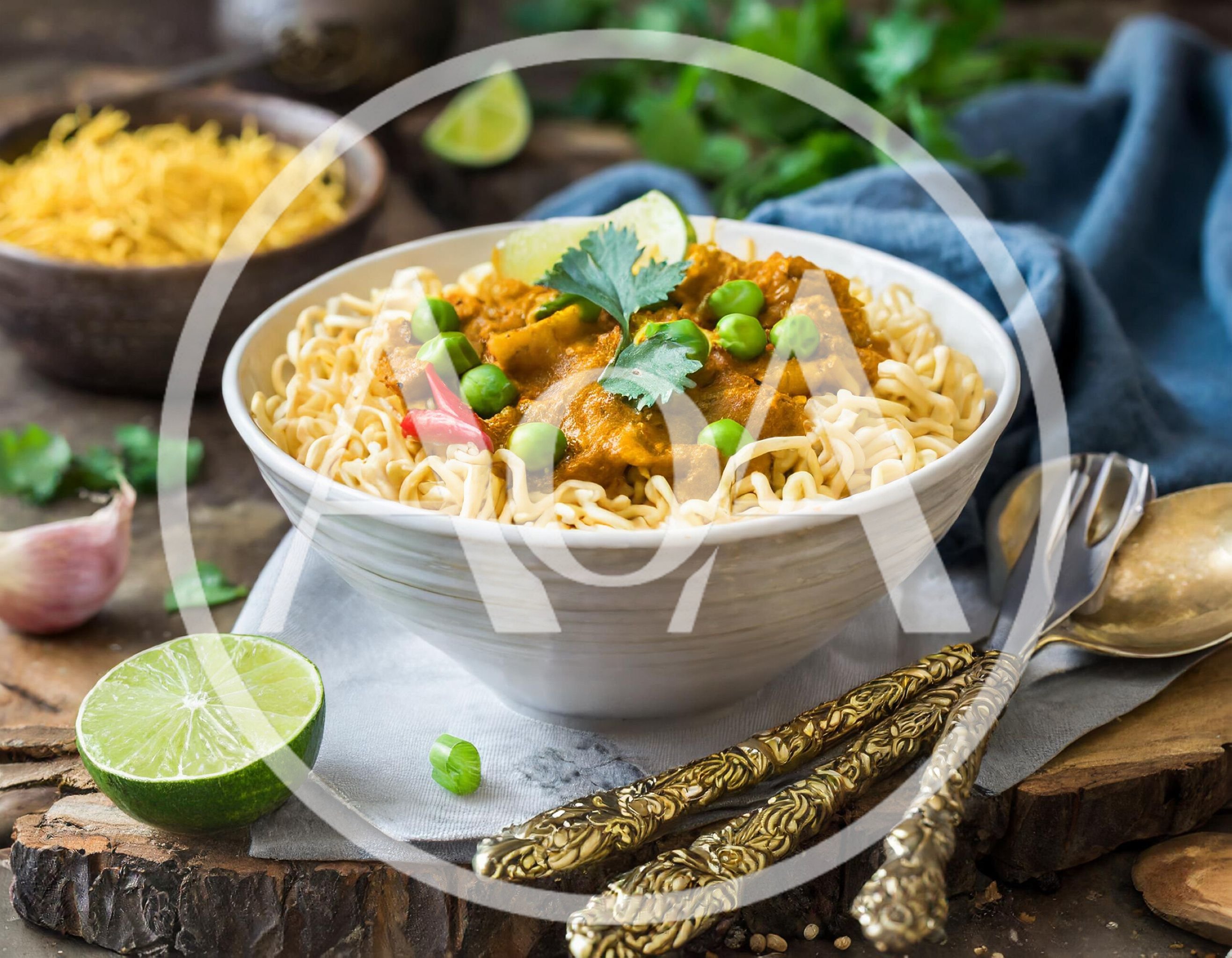 Bowl Of Instant Noodles With Curry And Peas