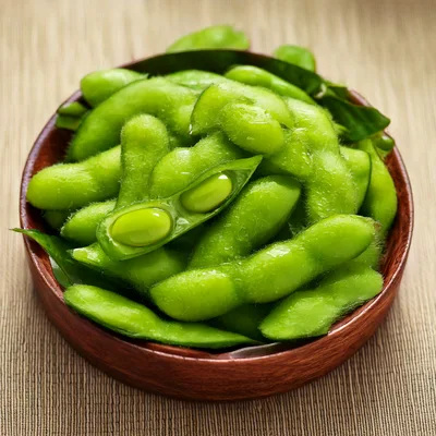 Fresh Edamame Soybeans In A Wooden Bowl