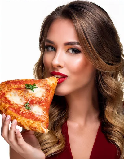 Beautiful Woman Eating A Slice Of Pizza