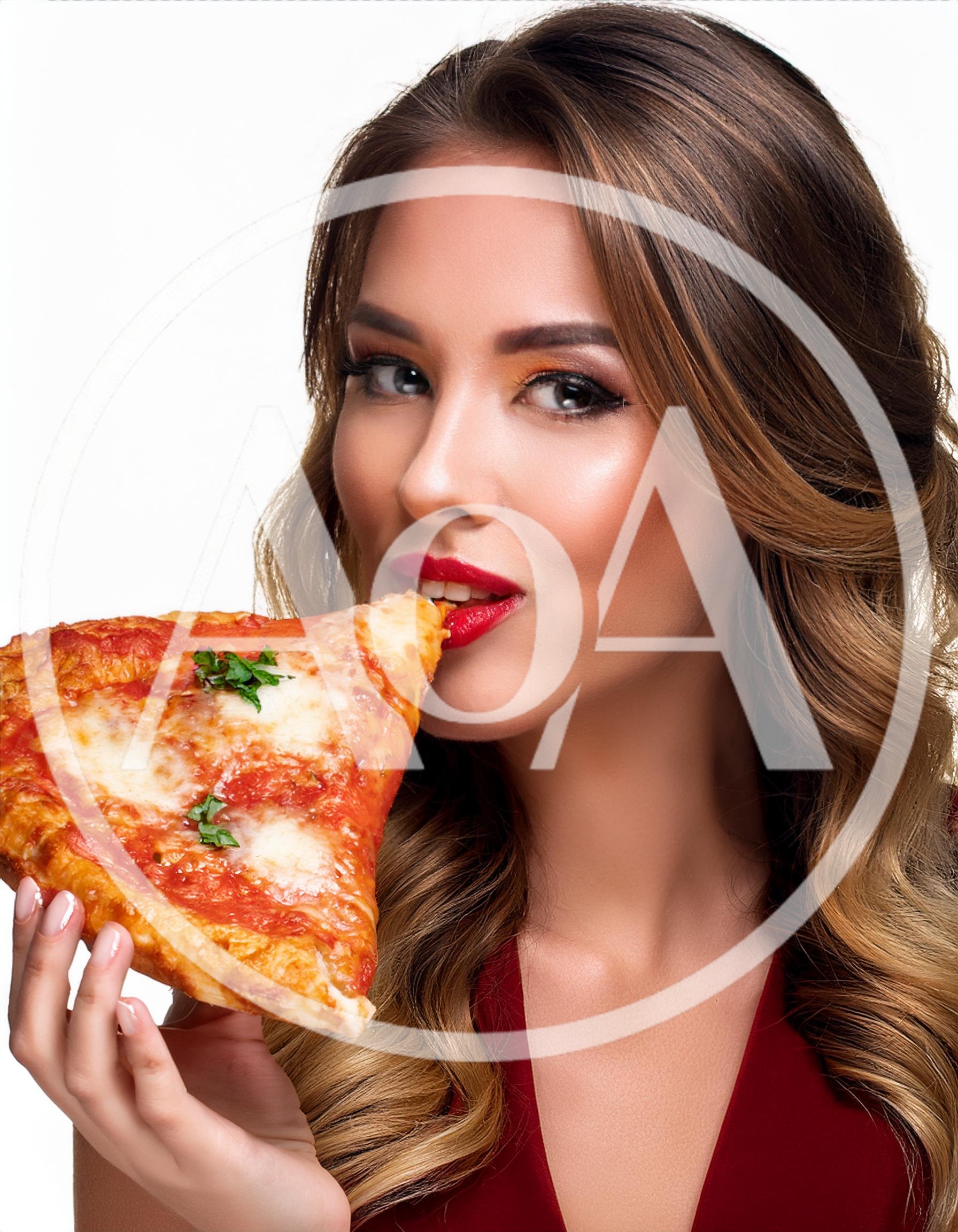 Beautiful Woman Eating A Slice Of Pizza