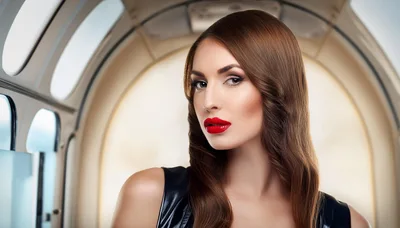 Elegant Woman With Red Lips Inside Private Jet