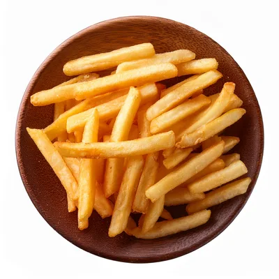 Golden French Fries In A Wooden Bowl