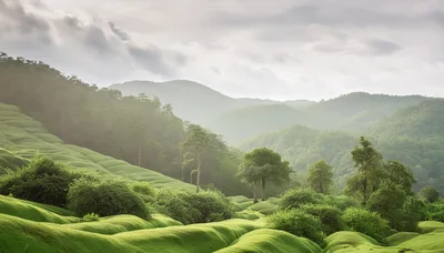 Rolling Green Hills And Lush Forest Landscape