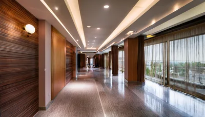 Modern Luxury Hotel Corridor With Wooden Paneling