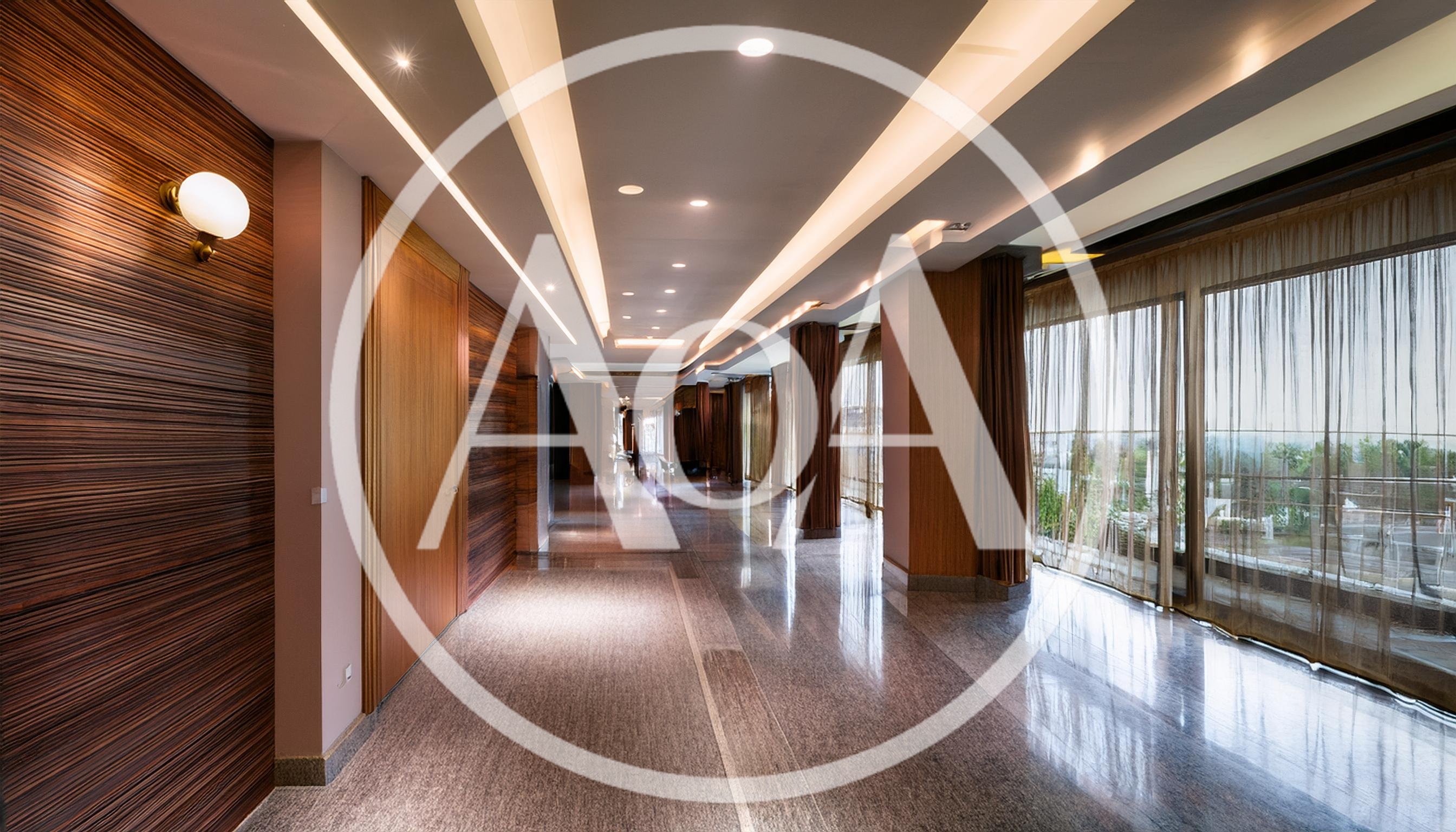 Modern Luxury Hotel Corridor With Wooden Paneling