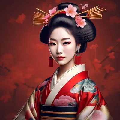 Portrait Of A Beautiful Japanese Geisha In Traditional Kimono
