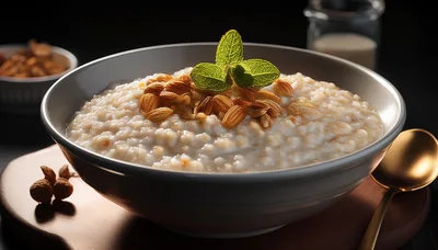 Bowl Of Creamy Oatmeal With Almonds And Mint