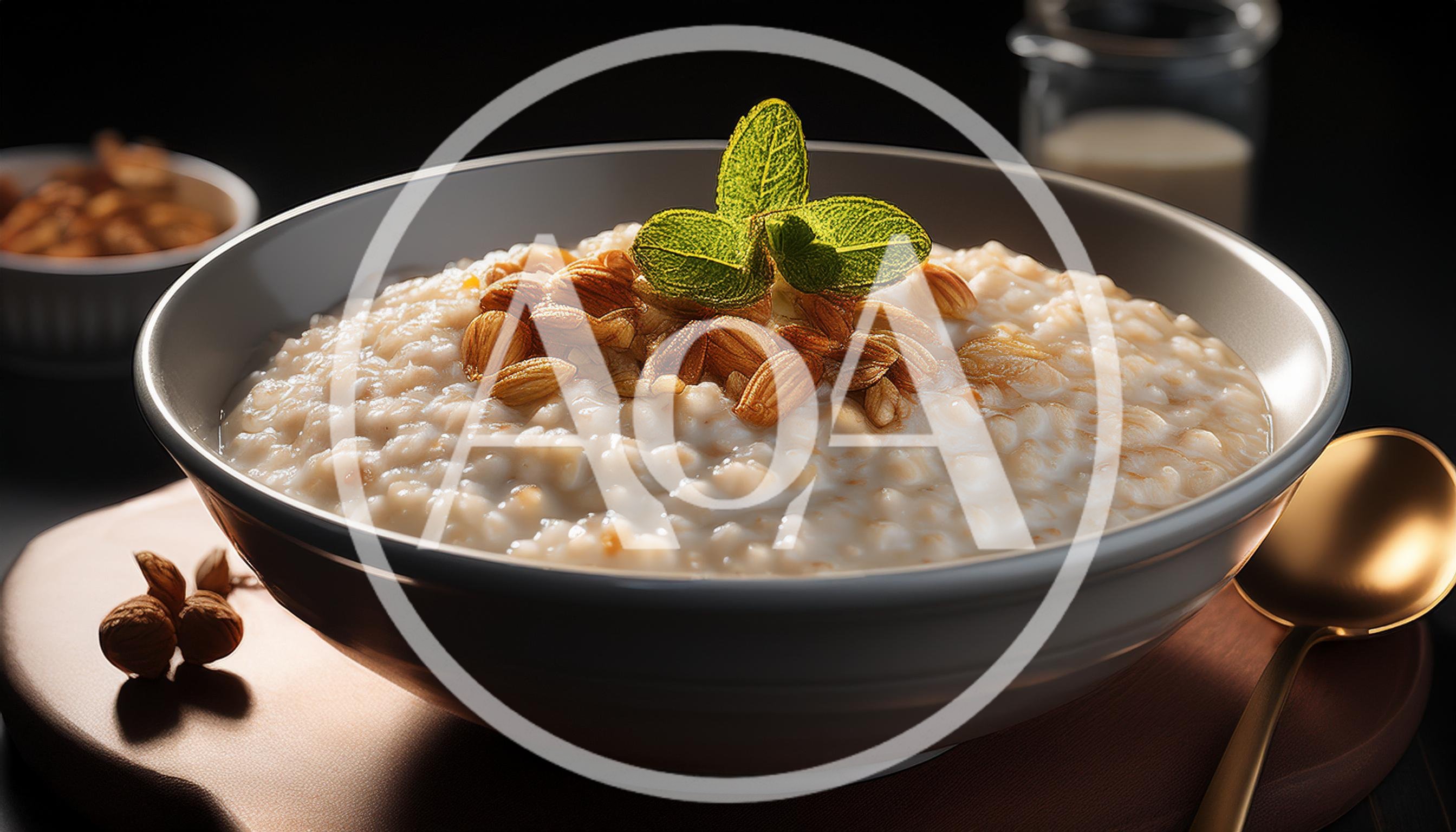 Bowl Of Creamy Oatmeal With Almonds And Mint