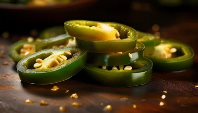 Fresh Sliced Jalapeno Peppers On A Wooden Surface