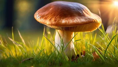 Single Brown Mushroom Growing In Lush Green Grass