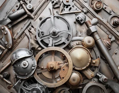 Abstract Steampunk Mechanical Gear And Metal Parts Assembly