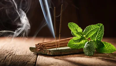 Two Burning Incense Sticks With Fresh Mint Leaves