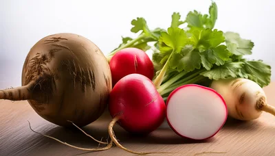 Fresh Radishes and Root Vegetables on Wooden Surface