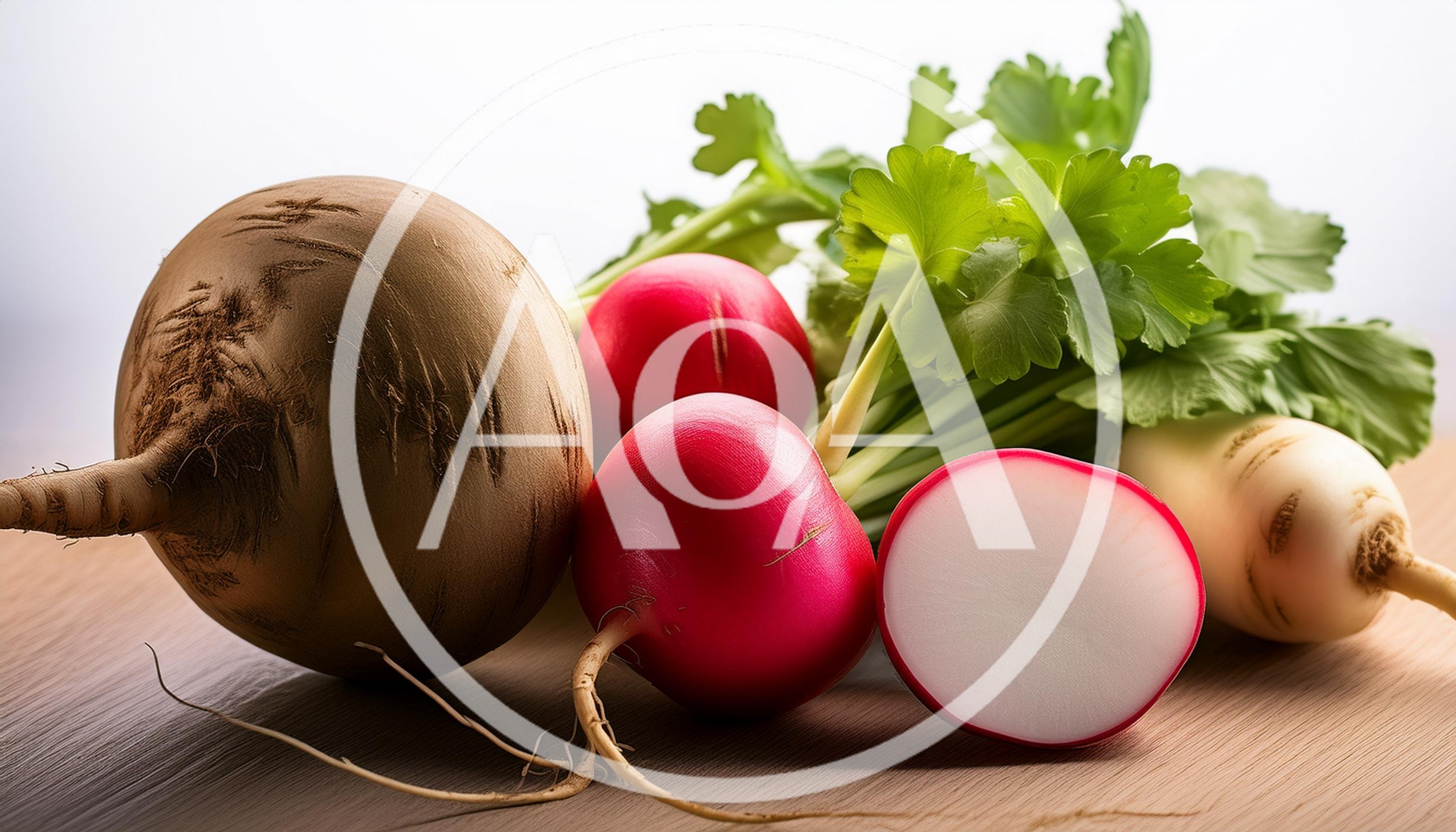 Fresh Radishes and Root Vegetables on Wooden Surface