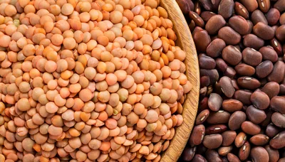 Top View Of Red Lentils And Brown Beans
