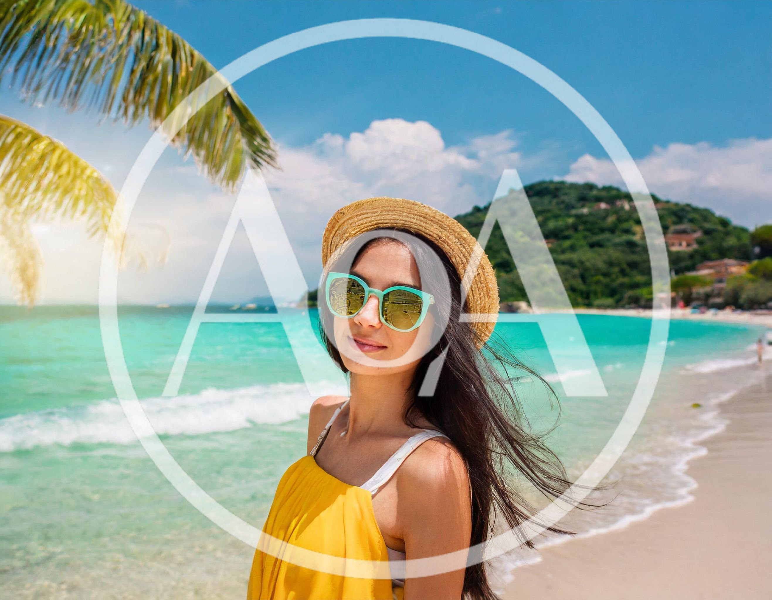 Young Woman Wearing Straw Hat And Sunglasses On Beach