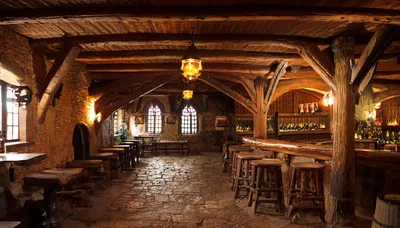 Rustic Medieval Tavern Interior With Wooden Bar And Stools