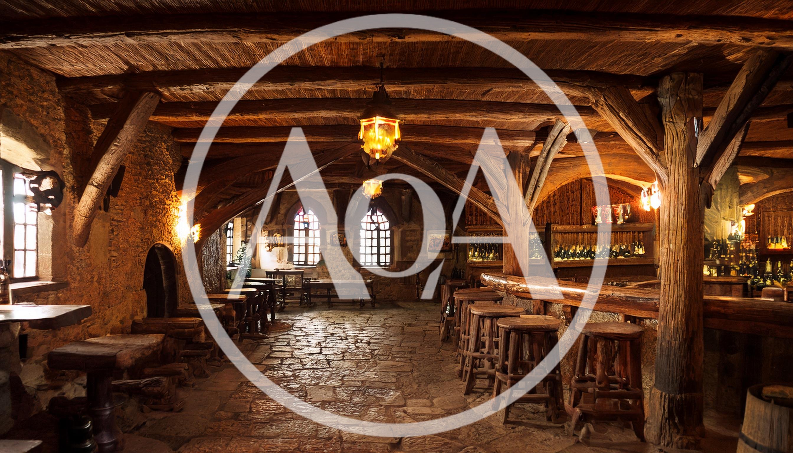 Rustic Medieval Tavern Interior With Wooden Bar And Stools