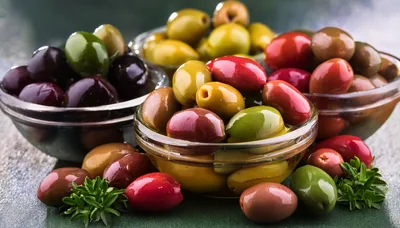 Assorted Colorful Olives in Glass Bowls