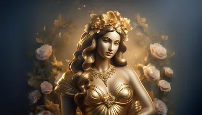 Golden Goddess Statue With Floral Crown And Roses