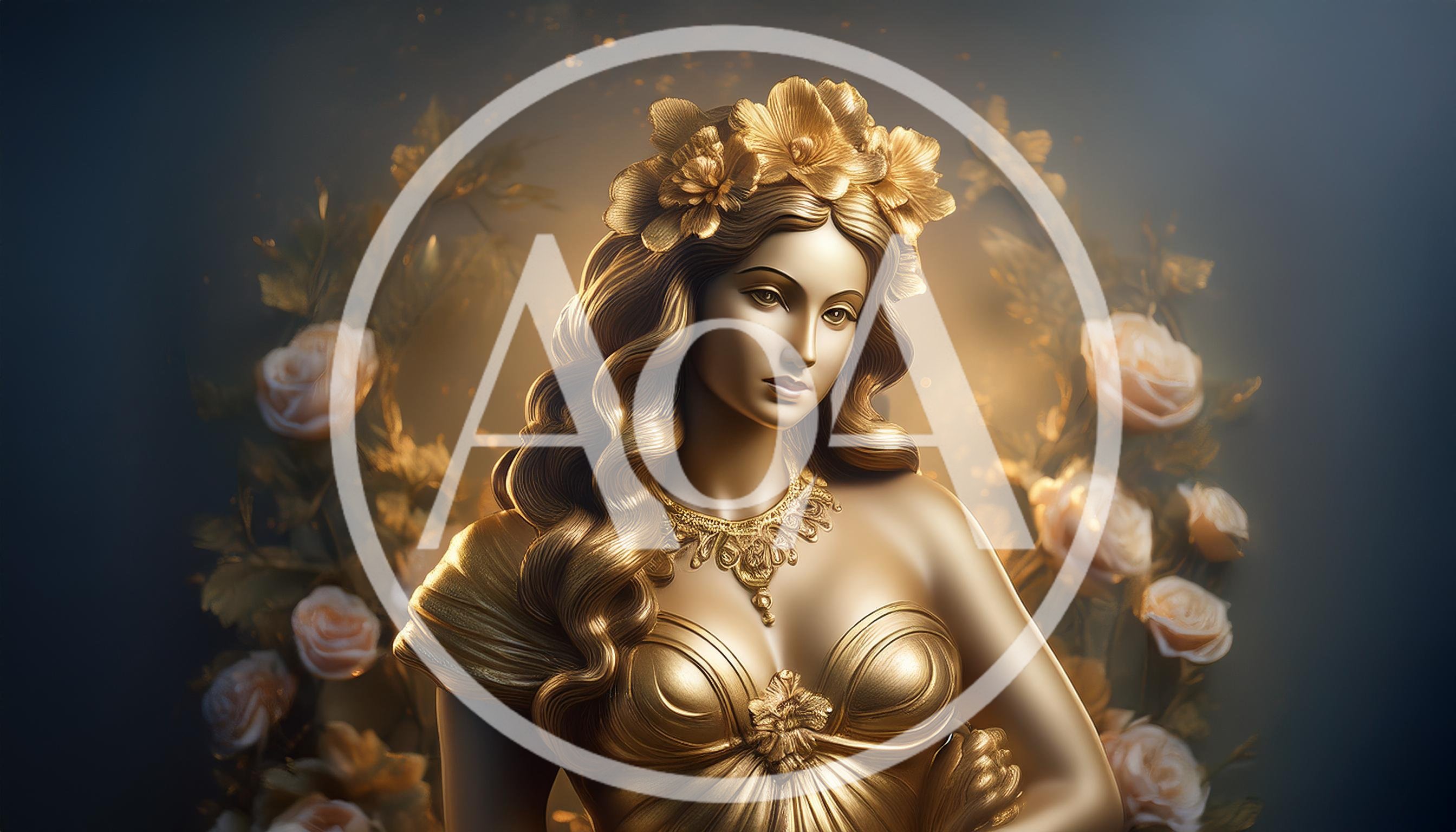 Golden Goddess Statue With Floral Crown And Roses