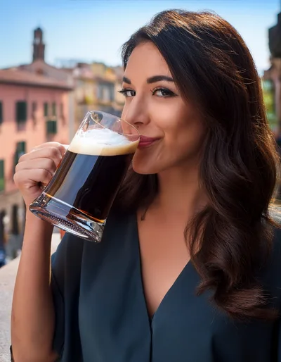 Young Woman Drinking Dark Beer on a Sunny Terrace