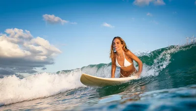Young Woman Surfing On A Wave In The Ocean
