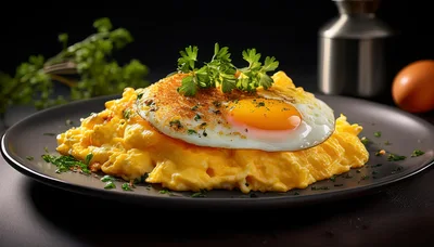 Fried Egg Served Over Creamy Scrambled Eggs