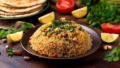 Bulgur Pilaf With Nuts And Herbs On A Plate