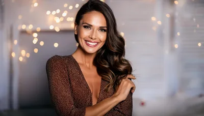 Smiling Woman With Wavy Hair In Polka Dot Dress