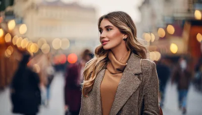 Young Woman Walking Through A Festive City Street
