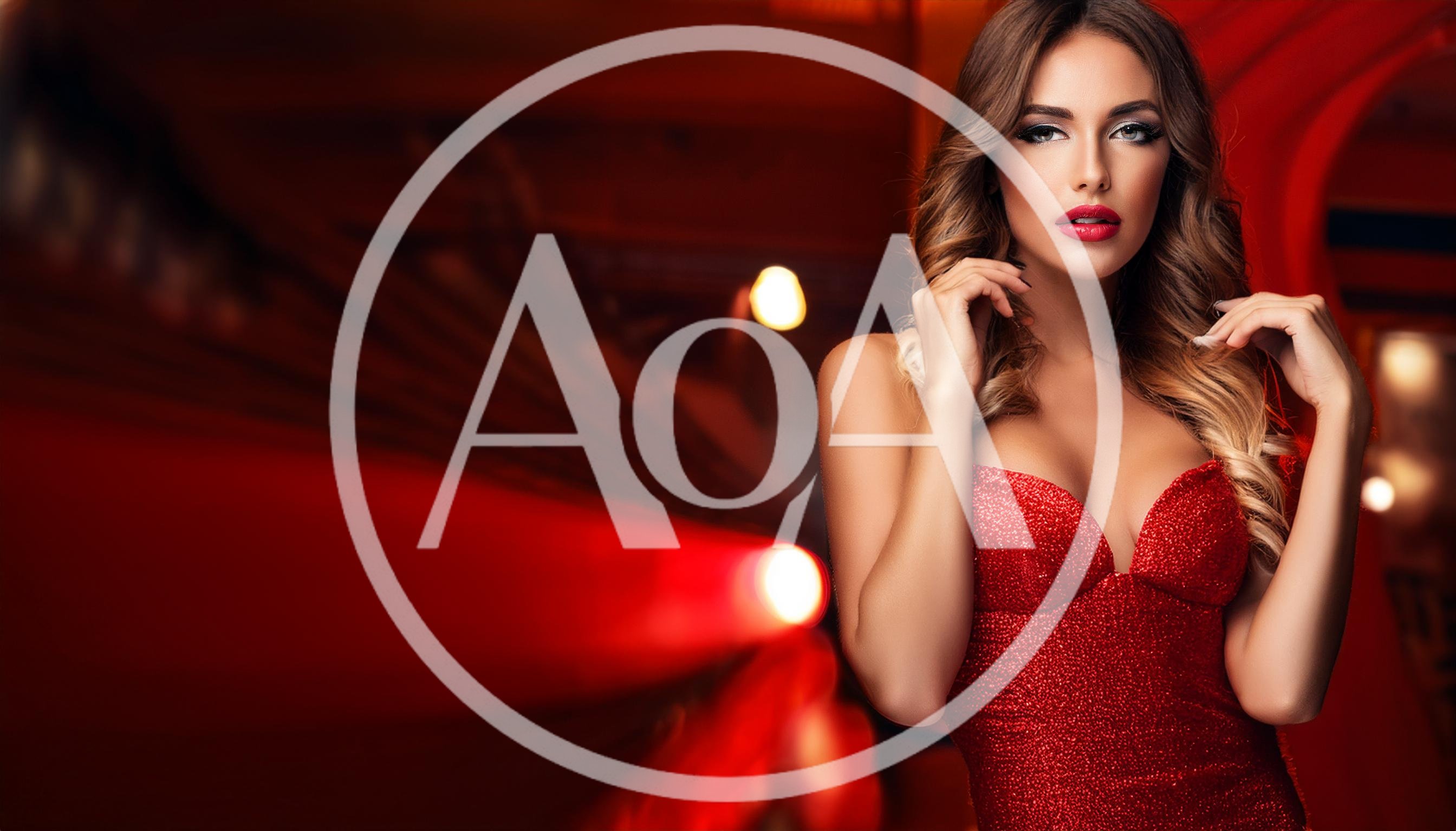 Glamorous Woman In Red Sequin Dress Posing