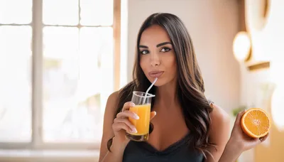 Beautiful Woman Drinking Fresh Orange Juice