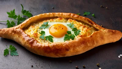 Traditional Georgian Khachapuri Adjaruli With Egg And Herbs
