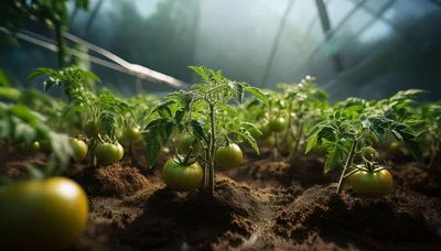 Green Tomato Plants Growing In A Greenhouse