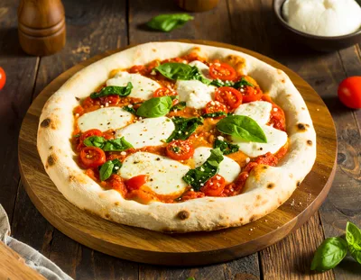Fresh Margherita Pizza On A Wooden Serving Board