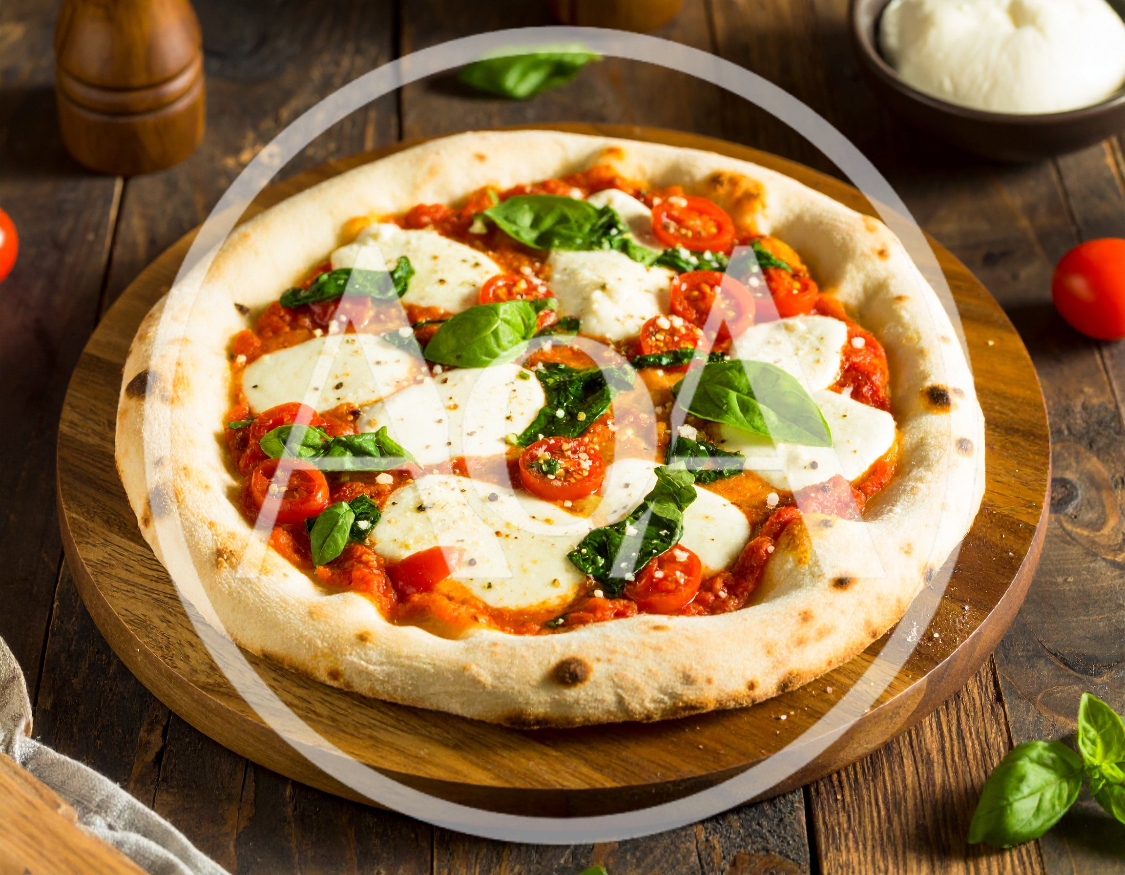 Fresh Margherita Pizza On A Wooden Serving Board