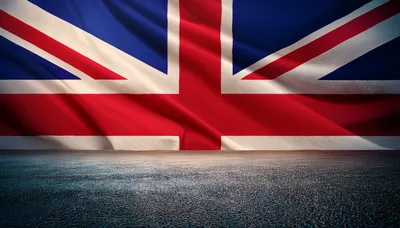 Waving United Kingdom Flag Over Dark Asphalt Surface